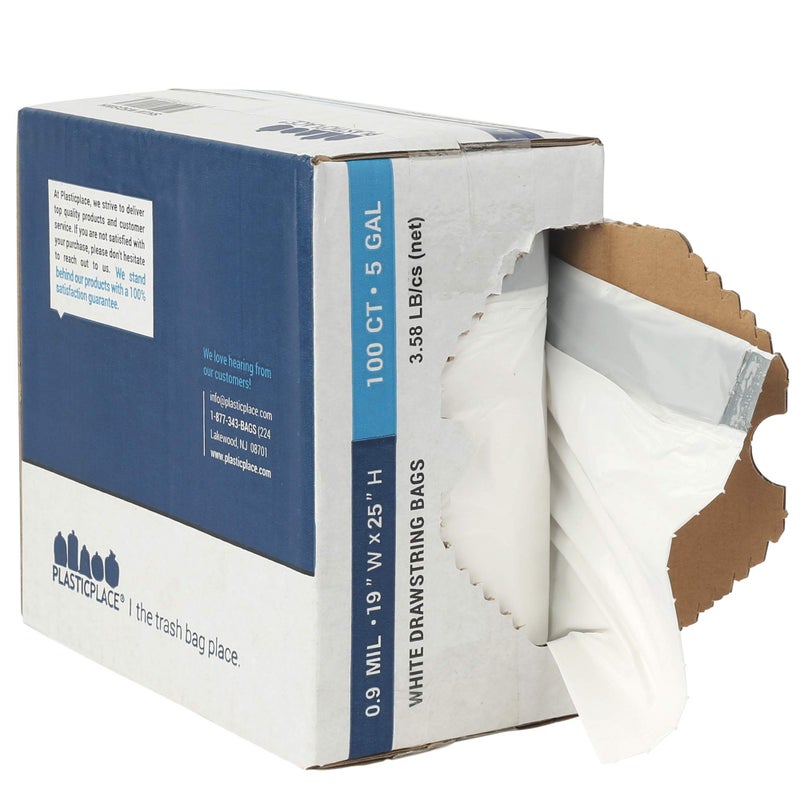 Plasticplace Trash Bags - 5 Gallon Garbage Bag Liners White0.9 Mil Thick, Sturdy Drawstring Placement19"" X 25"" Size (100 Count) - Image 3